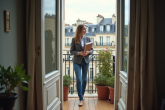 Jeune femme professionnelle sur balcon parisien avec immeubles haussmanniens