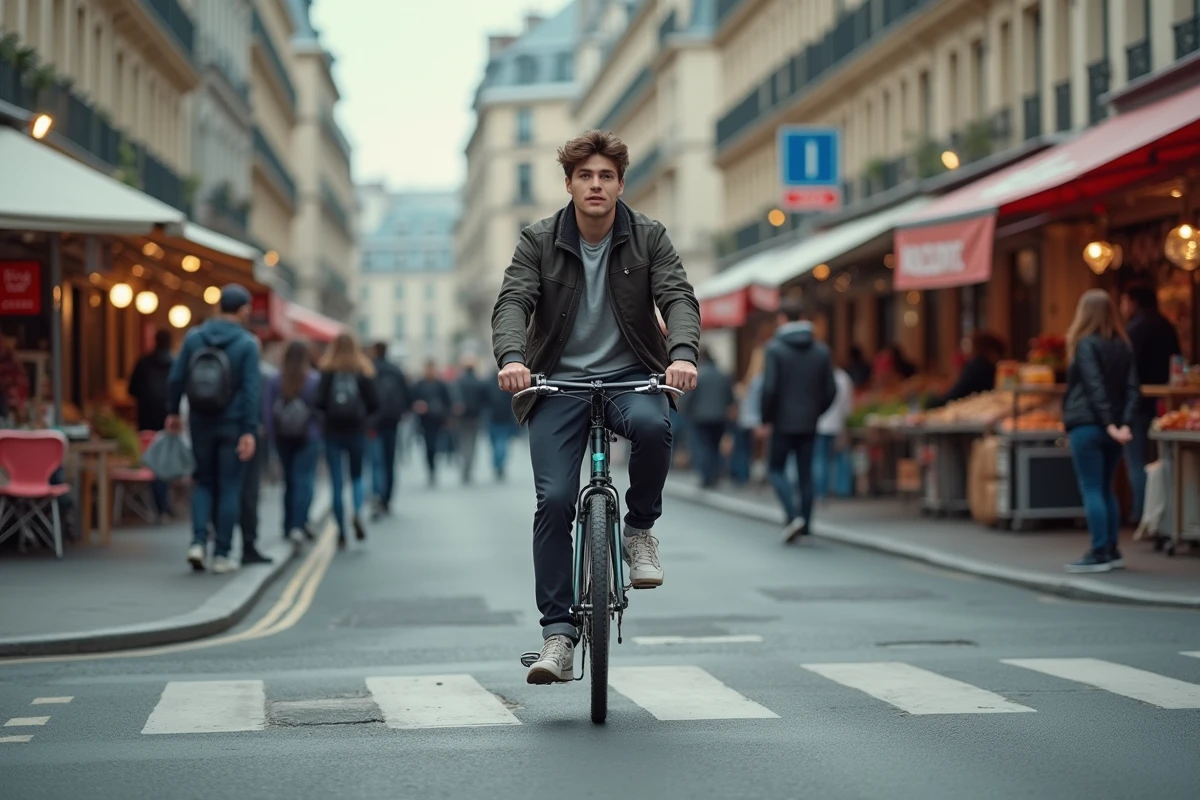 Jeune homme à vélo dans le quartier animé de Mille