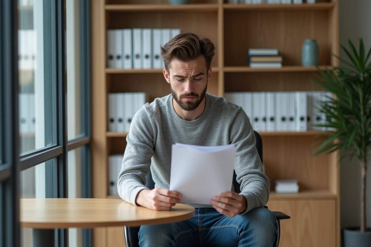 Jeune homme français examinant des papiers dans un bureau moderne