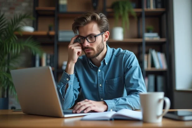 Jeune homme regardant son ordinateur dans un bureau moderne
