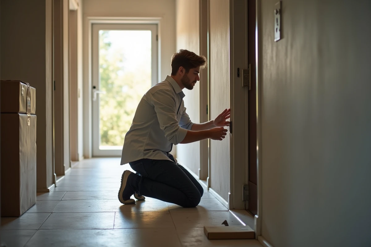Jeune homme remplaçant une poignée de porte dans un appartement en rénovation