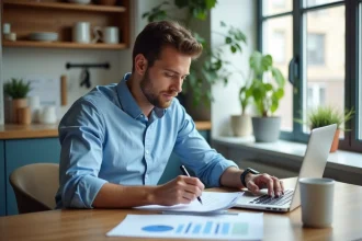 Jeune homme en cuisine examine des documents de location