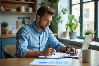 Jeune homme en cuisine examine des documents de location