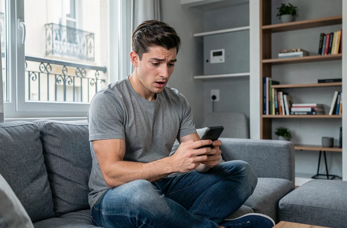 Jeune locataire cherchant une assurance habitation pas chère sur son smartphone dans son appartement à Perpignan