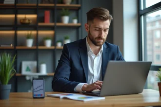 Jeune homme d'affaires regardant un tableau de tendances immobilières
