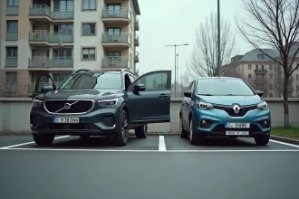 Vue grand angle d'un parking extérieur urbain avec deux voitures garées côte à côte dans des places aux marquages blancs, illustrant la largeur standard d'une place de parking