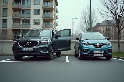 Vue grand angle d'un parking extérieur urbain avec deux voitures garées côte à côte dans des places aux marquages blancs, illustrant la largeur standard d'une place de parking