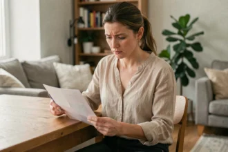 Locataire lisant son contrat d'assurance habitation dans un appartement meublé
