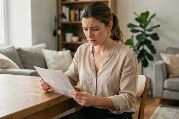 Locataire lisant son contrat d'assurance habitation dans un appartement meublé
