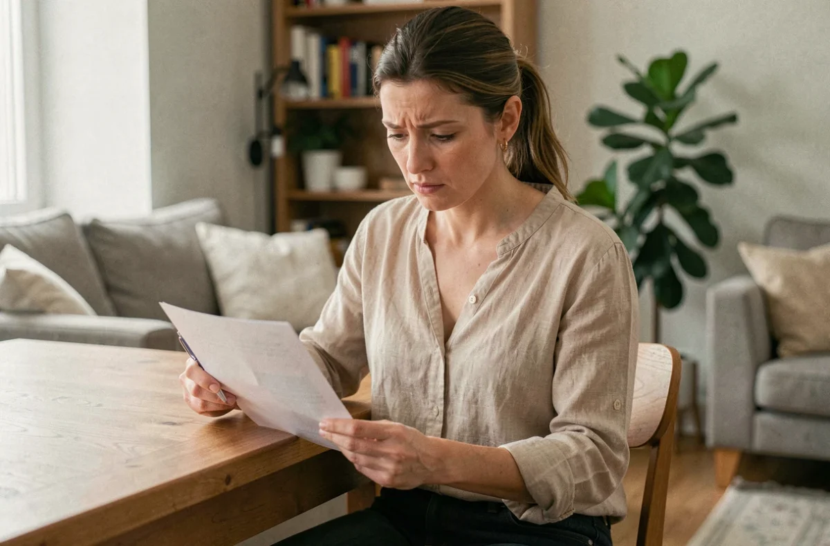 Locataire lisant son contrat d'assurance habitation dans un appartement meublé