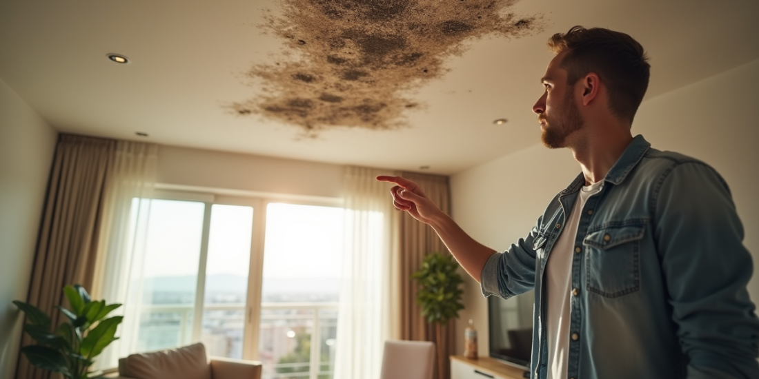 Locataire pointant un mur avec moisissure dans un salon lumineux