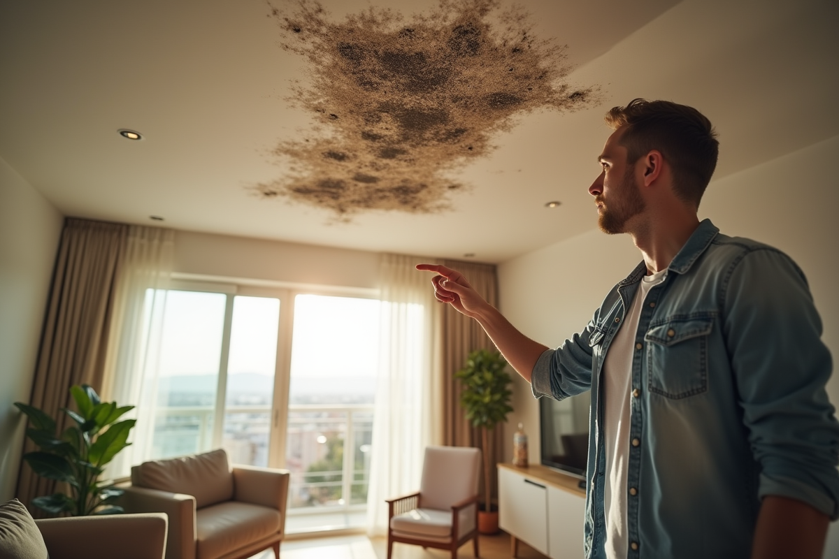 Locataire pointant un mur avec moisissure dans un salon lumineux