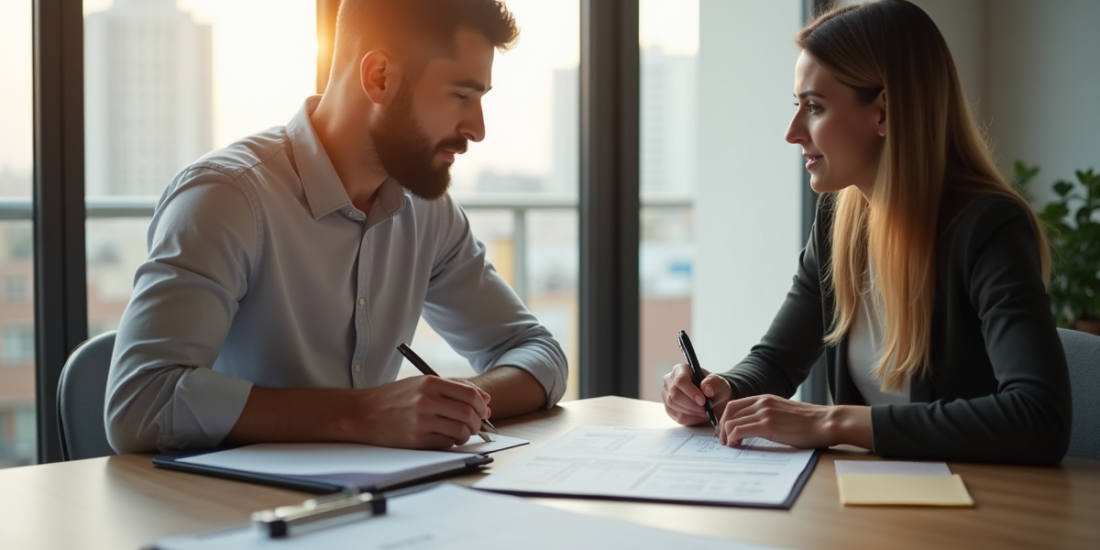 Propriétaire et locataire signant un contrat dans un appartement lumineux