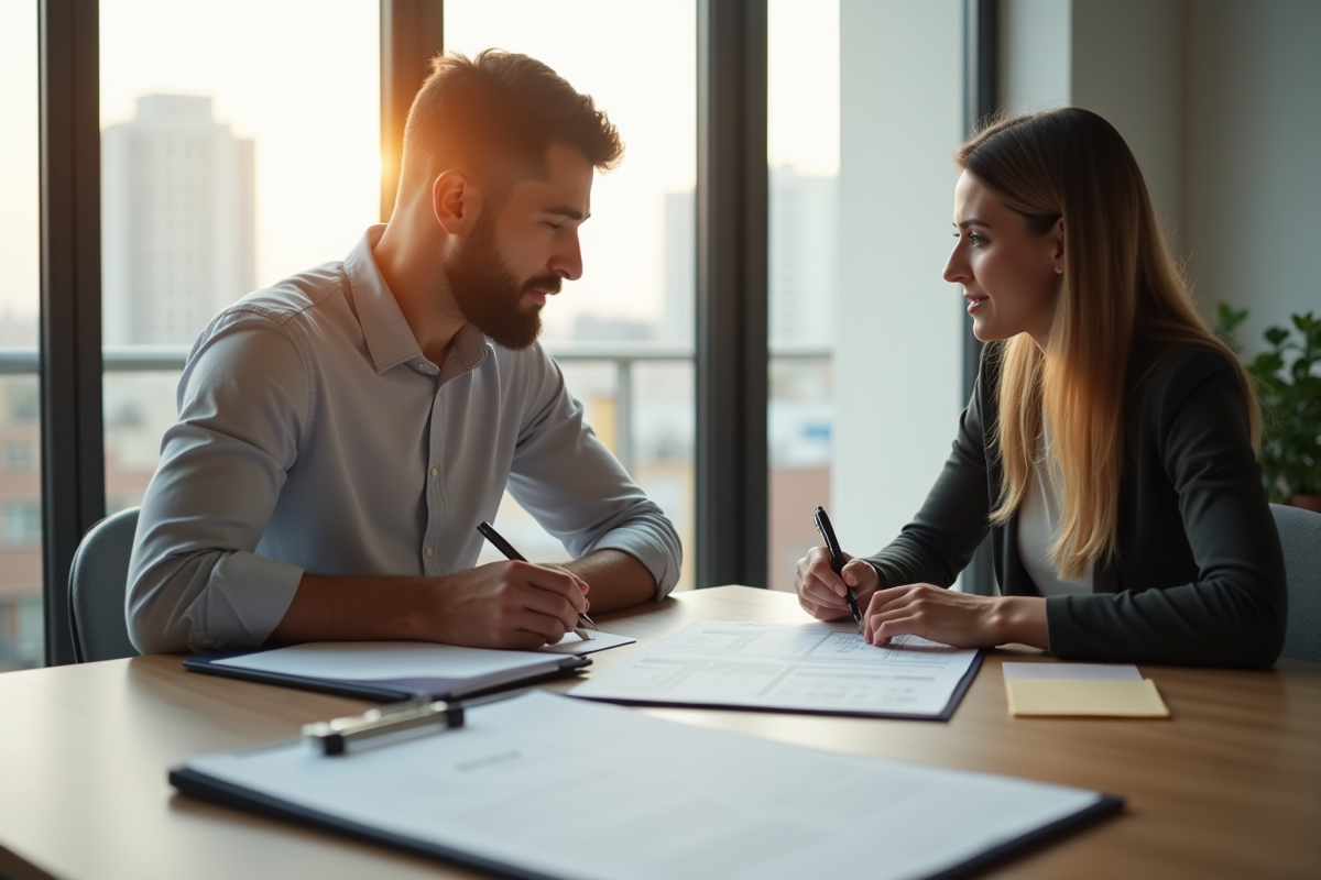 Propriétaire et locataire signant un contrat dans un appartement lumineux