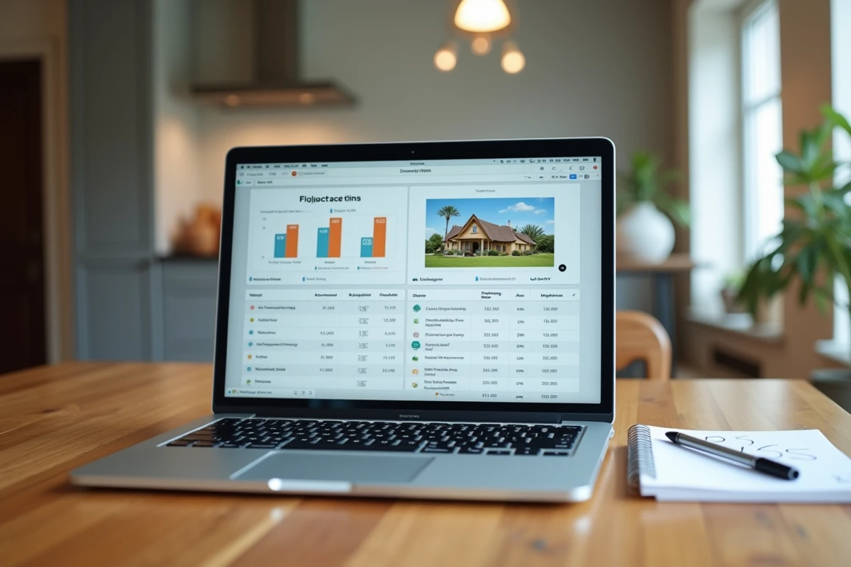 Logiciel immobilier d'estimation affiché sur un ordinateur portable lors d'une visite d'évaluation de bien immobilier