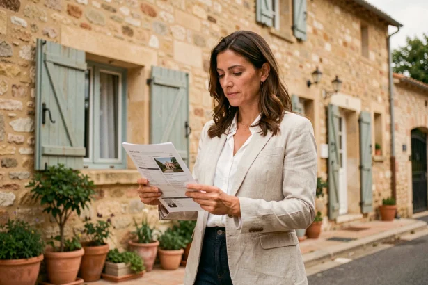 Femme devant une maison à louer à Béziers avec façade en pierre et volets en bois, tenant une annonce immobilière