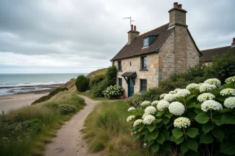 Maison normande en pierre en bord de mer avec jardin fleuri et vue sur la Manche en Normandie