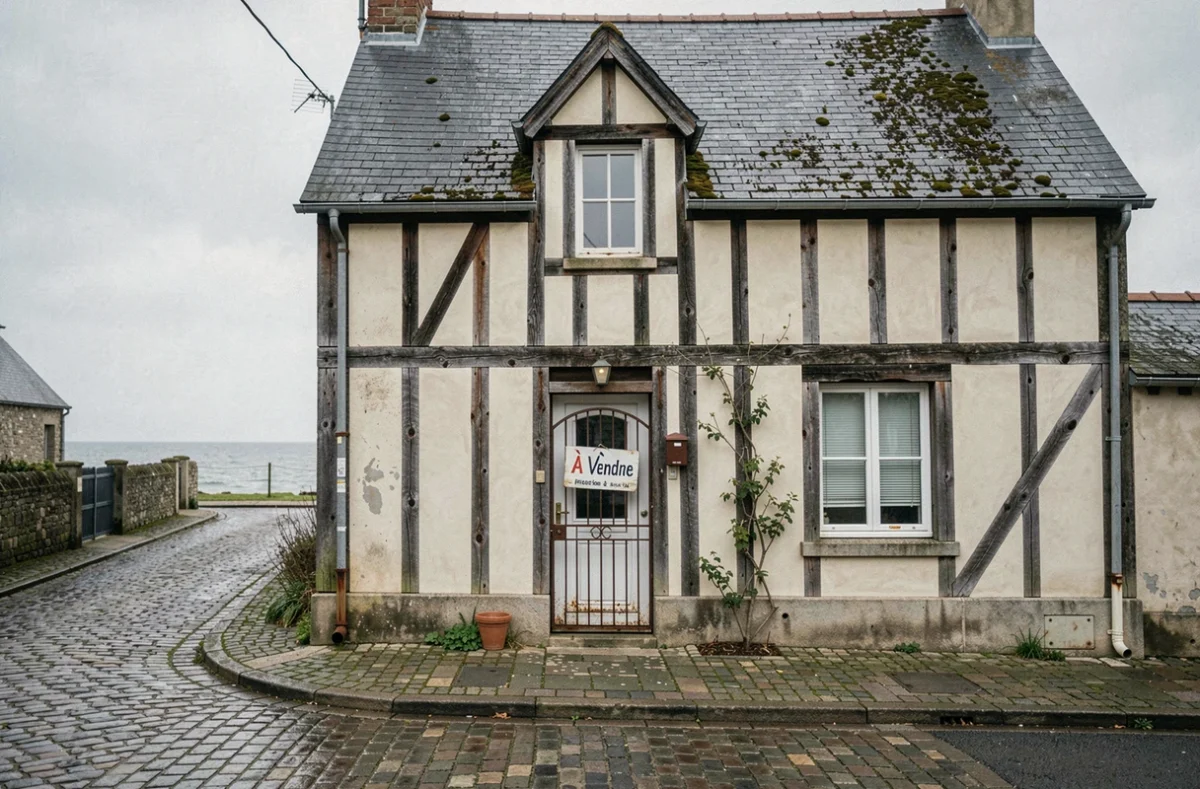 Façade d'une maison normande à colombages à vendre dans un village côtier en Normandie