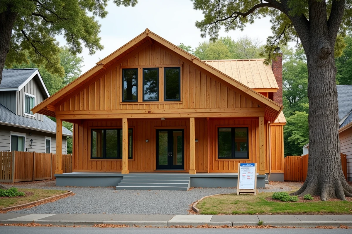 Maison ossature bois terminée en bardage cèdre avec indication de prix au m2 en lotissement résidentiel