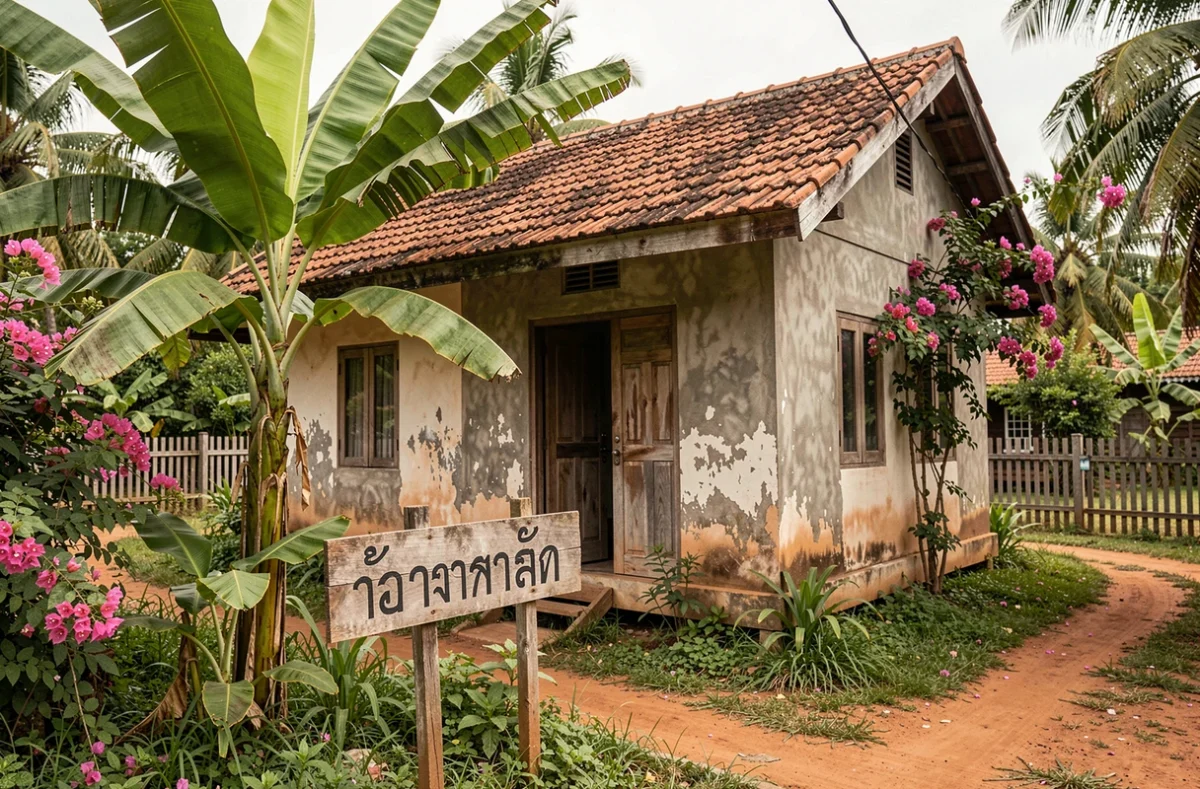 Maison thaïlandaise pas chère à vendre avec pancarte en thaï dans un village rural entouré de végétation tropicale