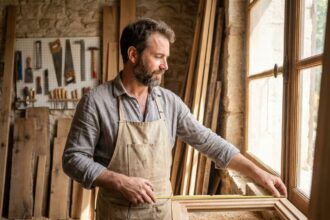 Menuisier mesurant un cadre de fenêtre en bois dans un atelier de menuiserie à Nîmes