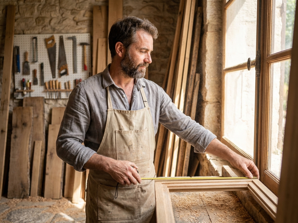 Menuisier mesurant un cadre de fenêtre en bois dans un atelier de menuiserie à Nîmes