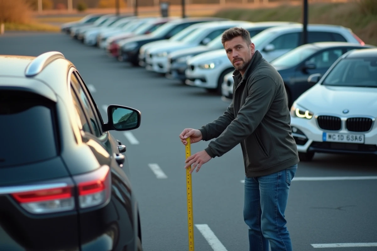 Un homme mesurant la largeur d'une place de parking avec un mètre ruban à côté d'un grand SUV moderne, illustrant l'anticipation de l'espace nécessaire