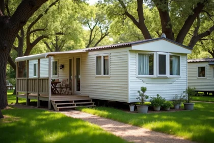 Mobil-home d'occasion bien entretenu dans un camping ouvert à l'année entouré d'arbres et d'un aménagement extérieur résidentiel