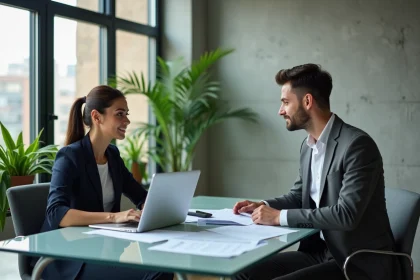 Femme et jeune homme en réunion dans un bureau moderne