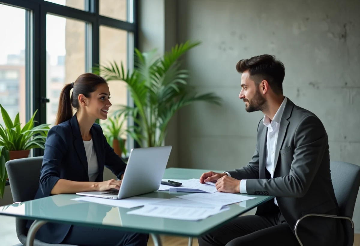 Femme et jeune homme en réunion dans un bureau moderne