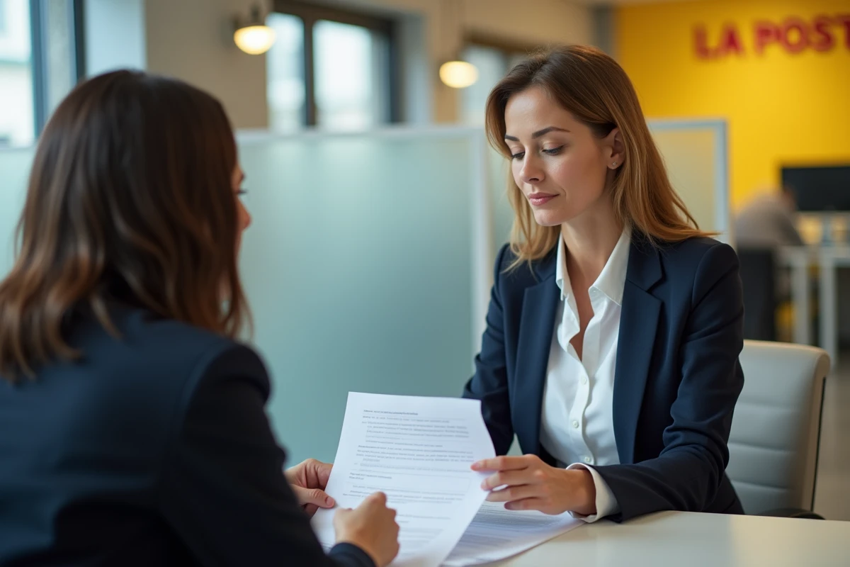 Femme négociant son taux de crédit immobilier avec un conseiller La Poste dans une agence moderne