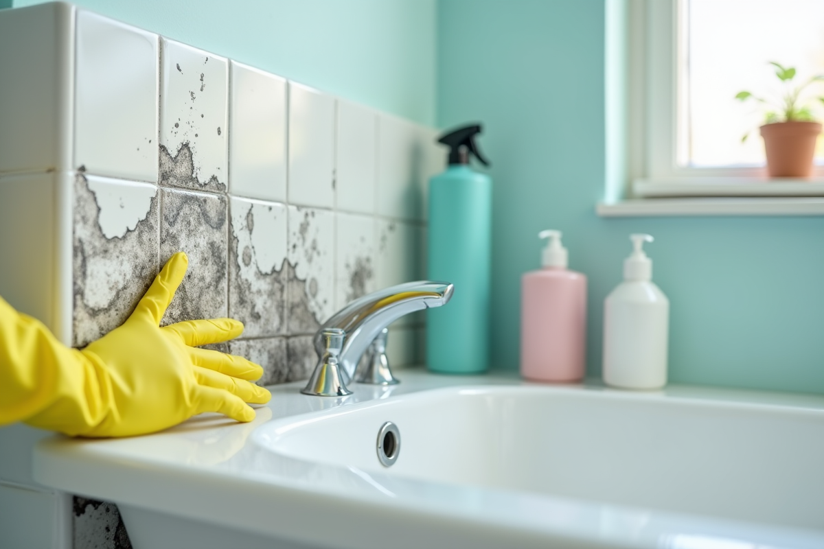 Main gantée nettoyant la moisissure dans une salle de bain propre