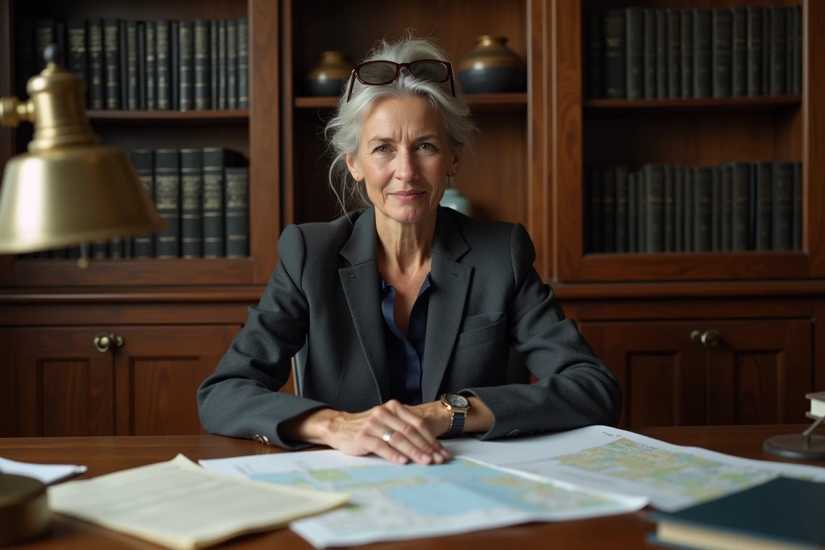 Notaire française en blazer charbon examinant des actes de propriété et un plan cadastral dans un bureau juridique avec bibliothèque, concept de donation immobilière et nouvelles règles 2026