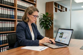 Notaire femme consultant la plateforme Pappers Immobilier sur son ordinateur portable dans un bureau juridique