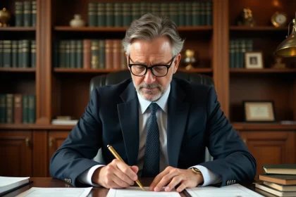 Notaire homme en costume marine examinant un contrat immobilier dans son bureau avec des étagères remplies de classeurs juridiques