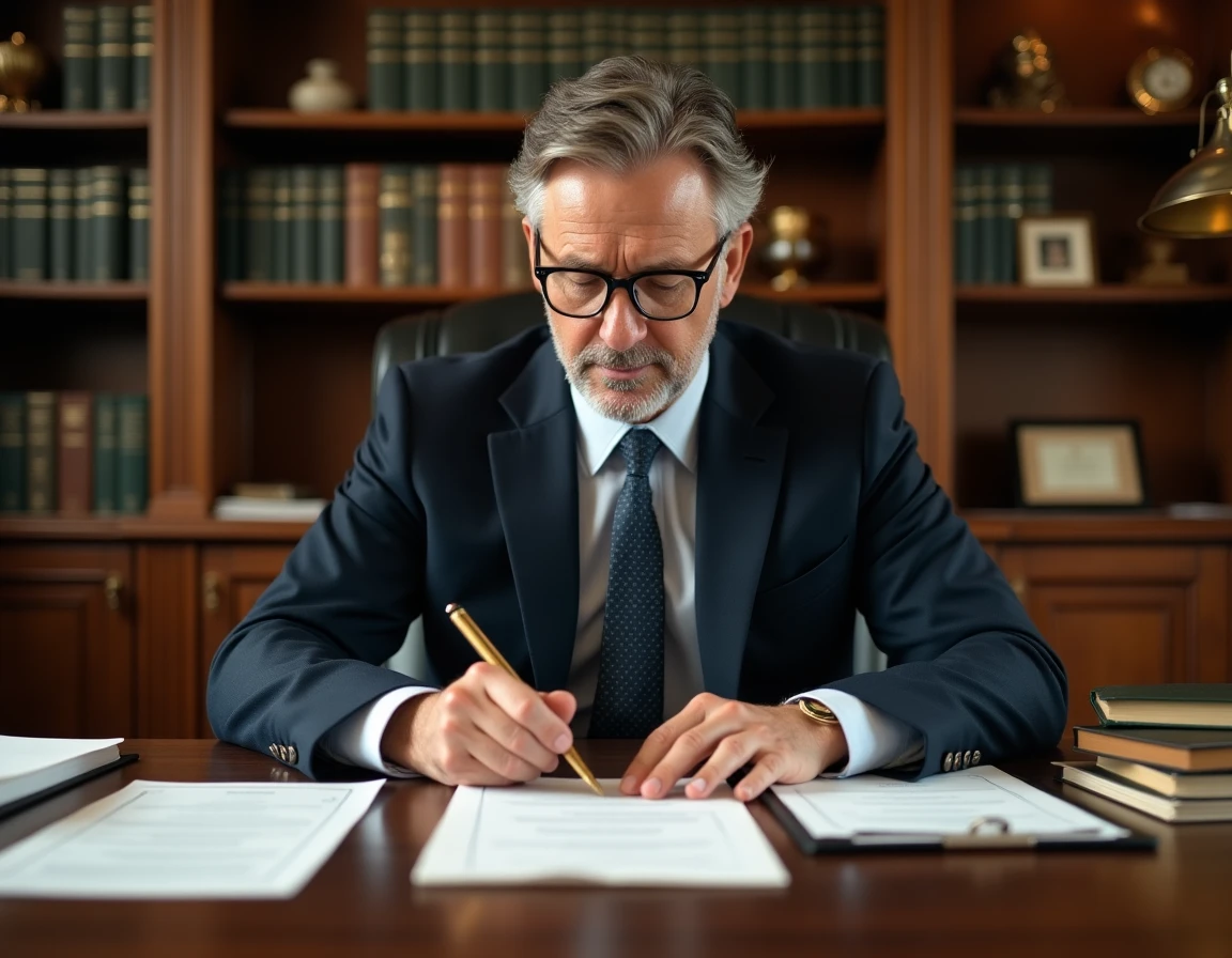Notaire homme en costume marine examinant un contrat immobilier dans son bureau avec des étagères remplies de classeurs juridiques