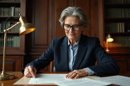 Femme notaire examinant un acte de propriété lié à une indivision avec droit de préemption dans un bureau notarial traditionnel