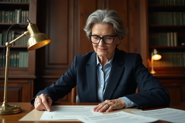 Femme notaire examinant un acte de propriété lié à une indivision avec droit de préemption dans un bureau notarial traditionnel