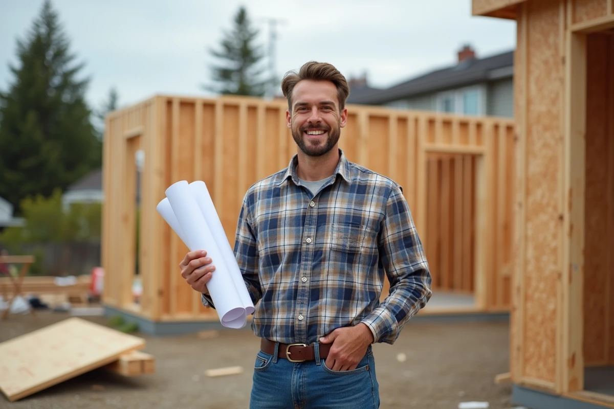 Ouvrier de construction avec plans devant une maison en construction