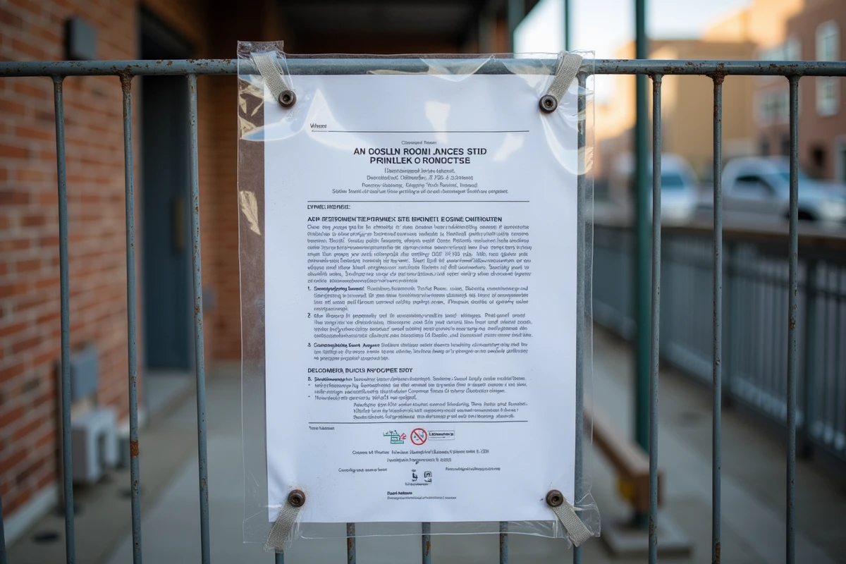 Panneau de déclaration de travaux imprimé sur feuille A4 fixé sur une clôture de chantier résidentiel avec manchon plastique transparent