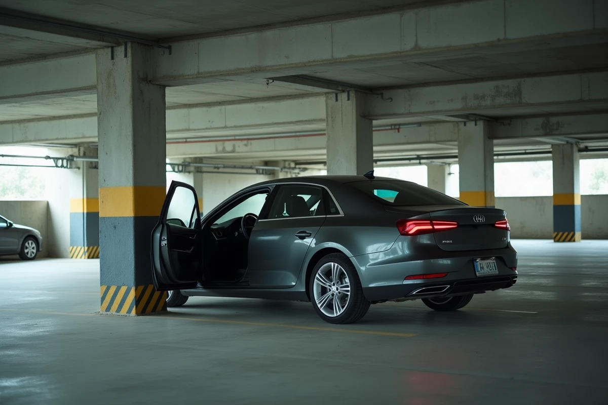 Parking souterrain en béton avec une berline moderne garée près d'un pilier, montrant la difficulté de manœuvrer dans une place de parking étroite