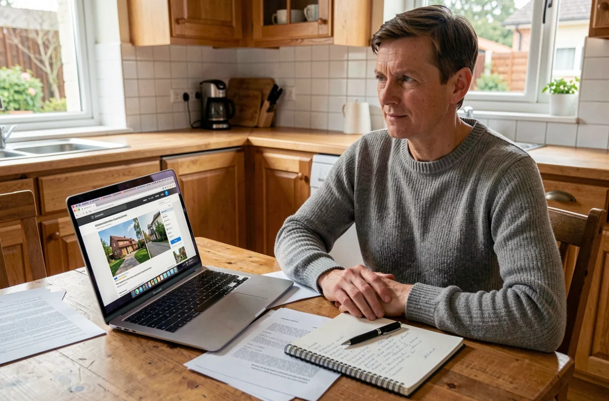 Personne seule consultant des documents juridiques et une annonce immobilière en ligne lors d'un divorce avec vente de maison en urgence dans le 77