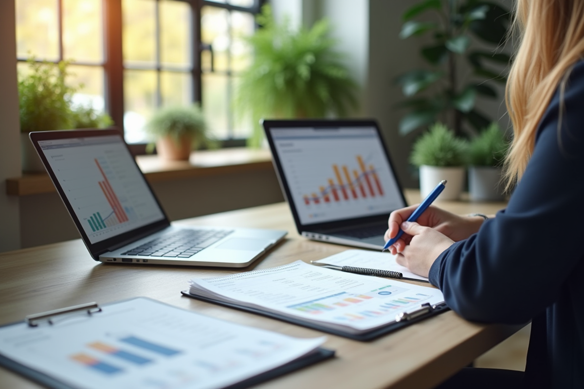 Personne examinant des documents financiers et un graphique
