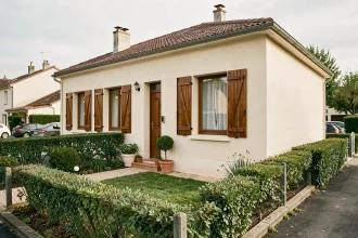 Petite maison avec jardin à louer en périphérie d'une grande ville française, façade crème avec volets en bois et pelouse entretenue