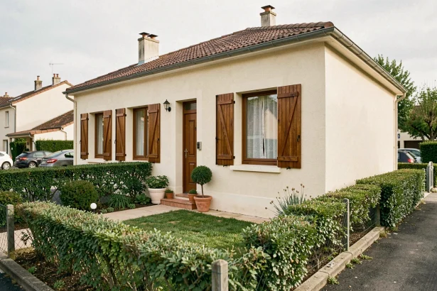 Petite maison avec jardin à louer en périphérie d'une grande ville française, façade crème avec volets en bois et pelouse entretenue