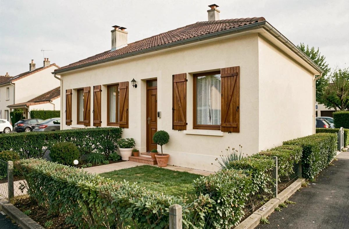 Petite maison avec jardin à louer en périphérie d'une grande ville française, façade crème avec volets en bois et pelouse entretenue