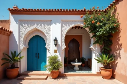 Petite villa traditionnelle à vendre à Marrakech avec porte en bois bleu et bougainvillées sur façade blanche