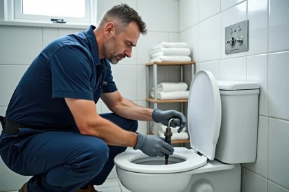 Plombier professionnel inspectant le robinet flotteur d'une chasse d'eau dans une salle de bain moderne