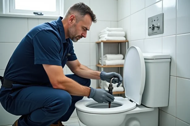 Plombier professionnel inspectant le robinet flotteur d'une chasse d'eau dans une salle de bain moderne