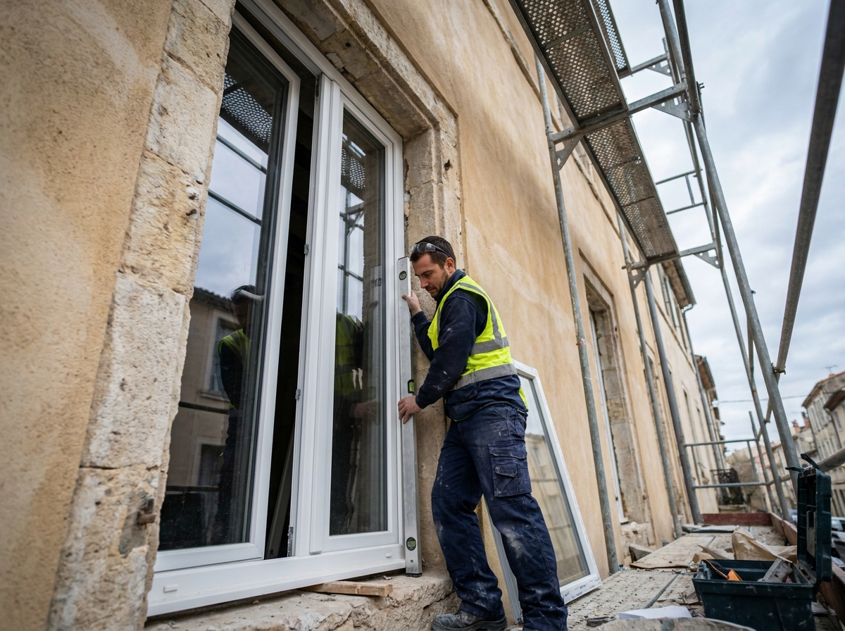 Pose d'une fenêtre en PVC double vitrage sur un chantier de rénovation à Nîmes